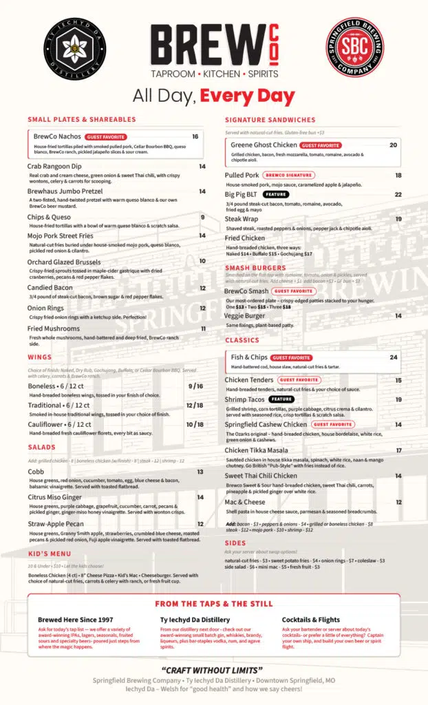 BrewCo Tap Room Food Menu